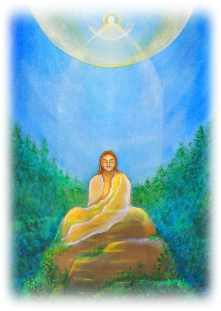 A Savitri painting: a seeker in meditation beneath a luminous sphere, among deep green trees